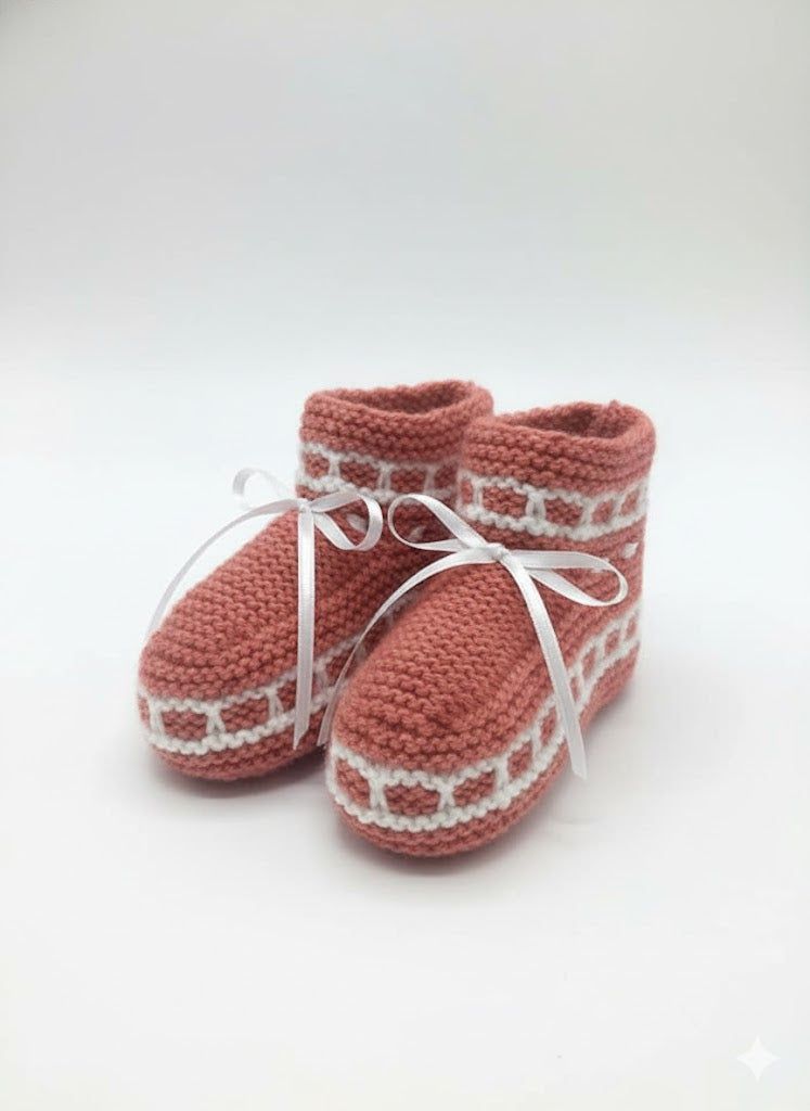 🤎  Charming Coral Knit Baby Socks with White Lattice & Ribbon Tie