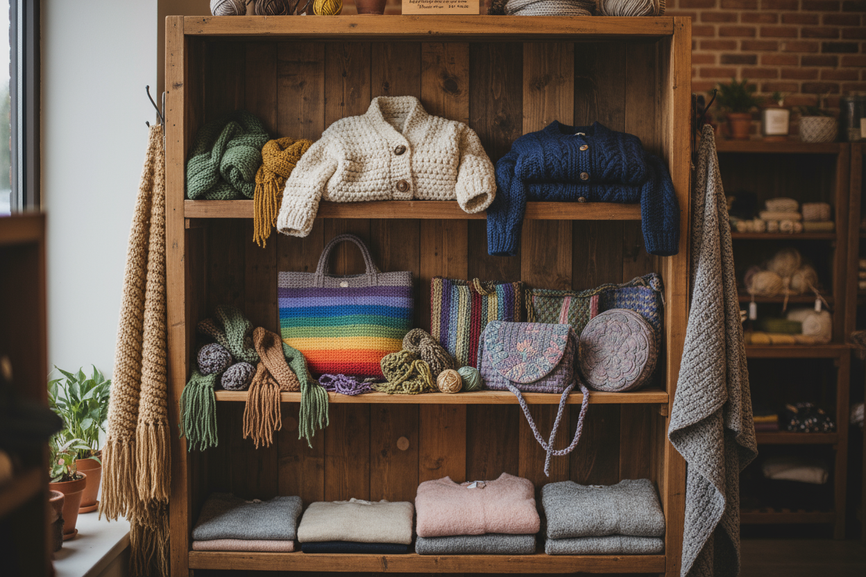 Handmage yarn clothes and bags on a shelve