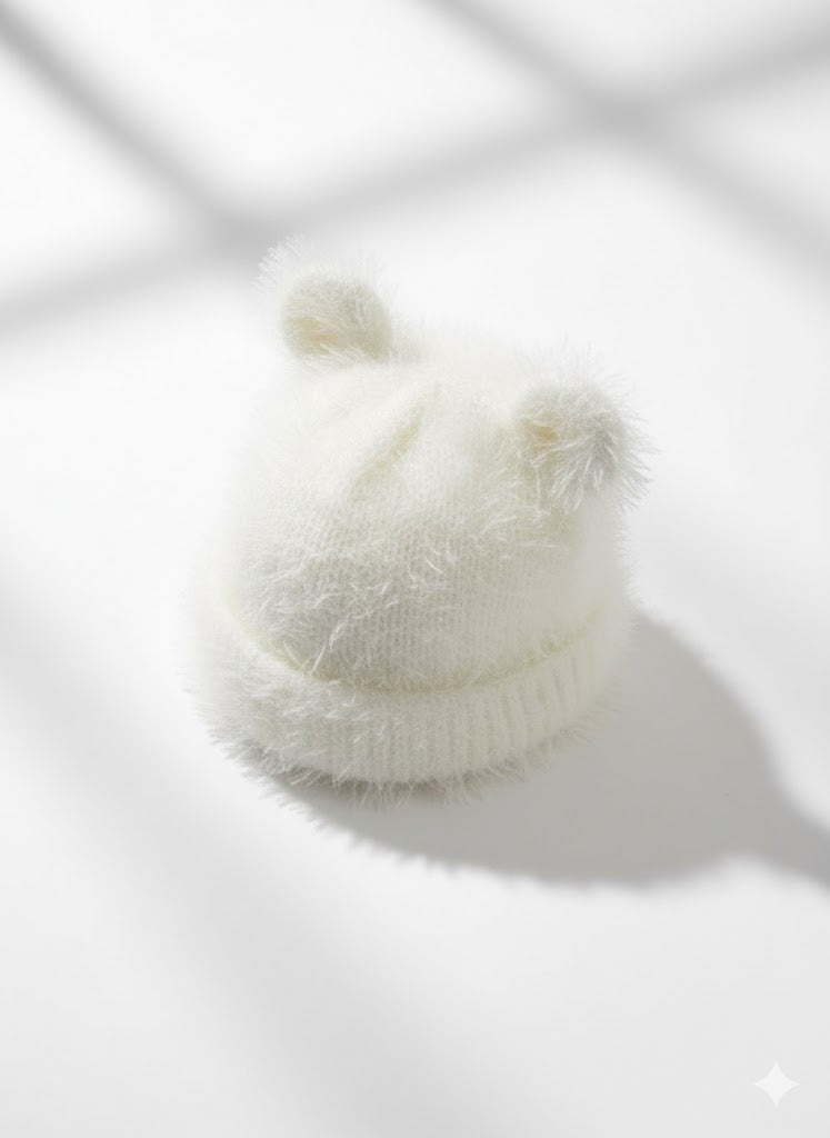 🐻 Cloud-Soft Fuzzy White Bear Cub Baby Hat